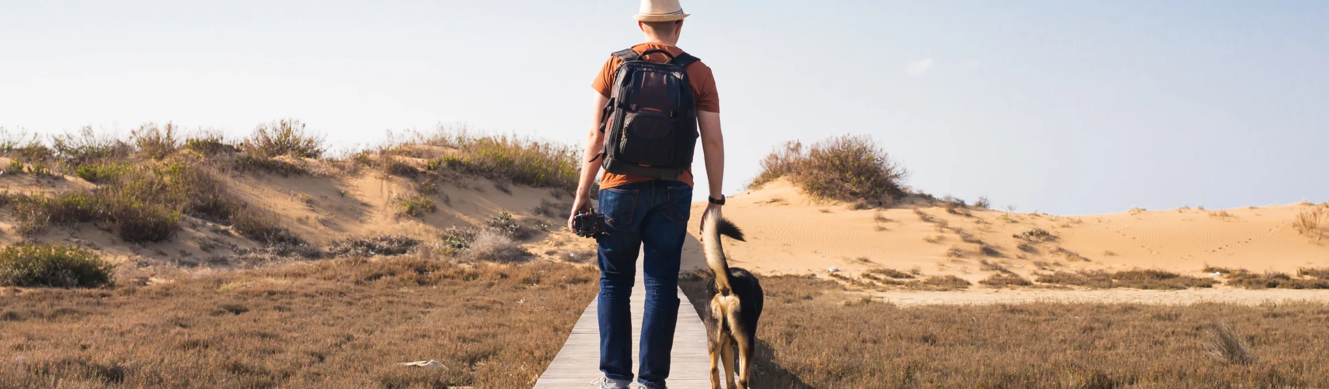 Dog standing in the middle of a trail with a man