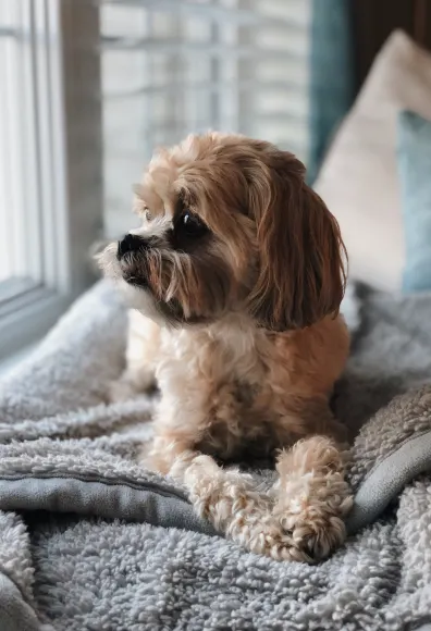 dog sitting on bed