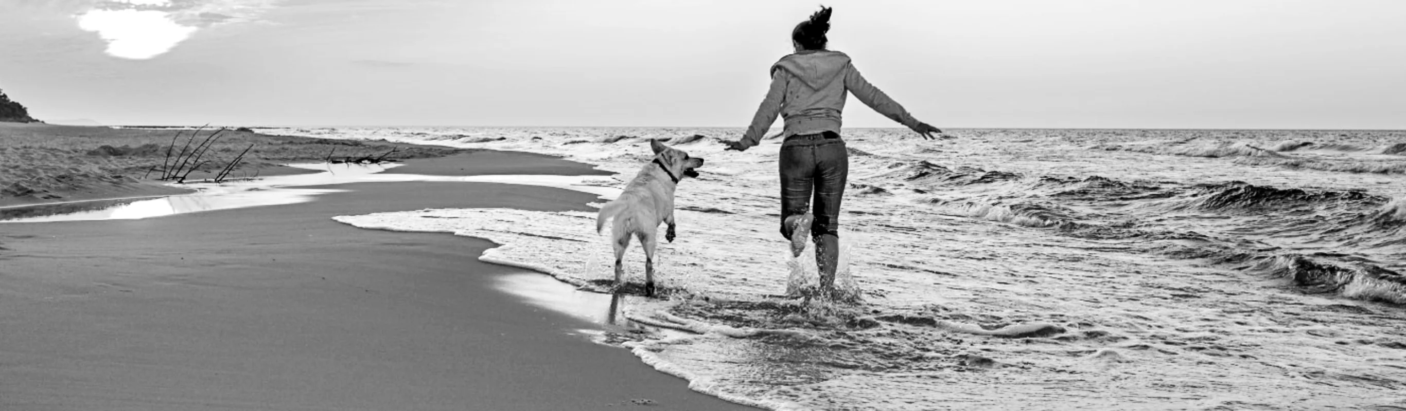 a dog and woman running on the beach 