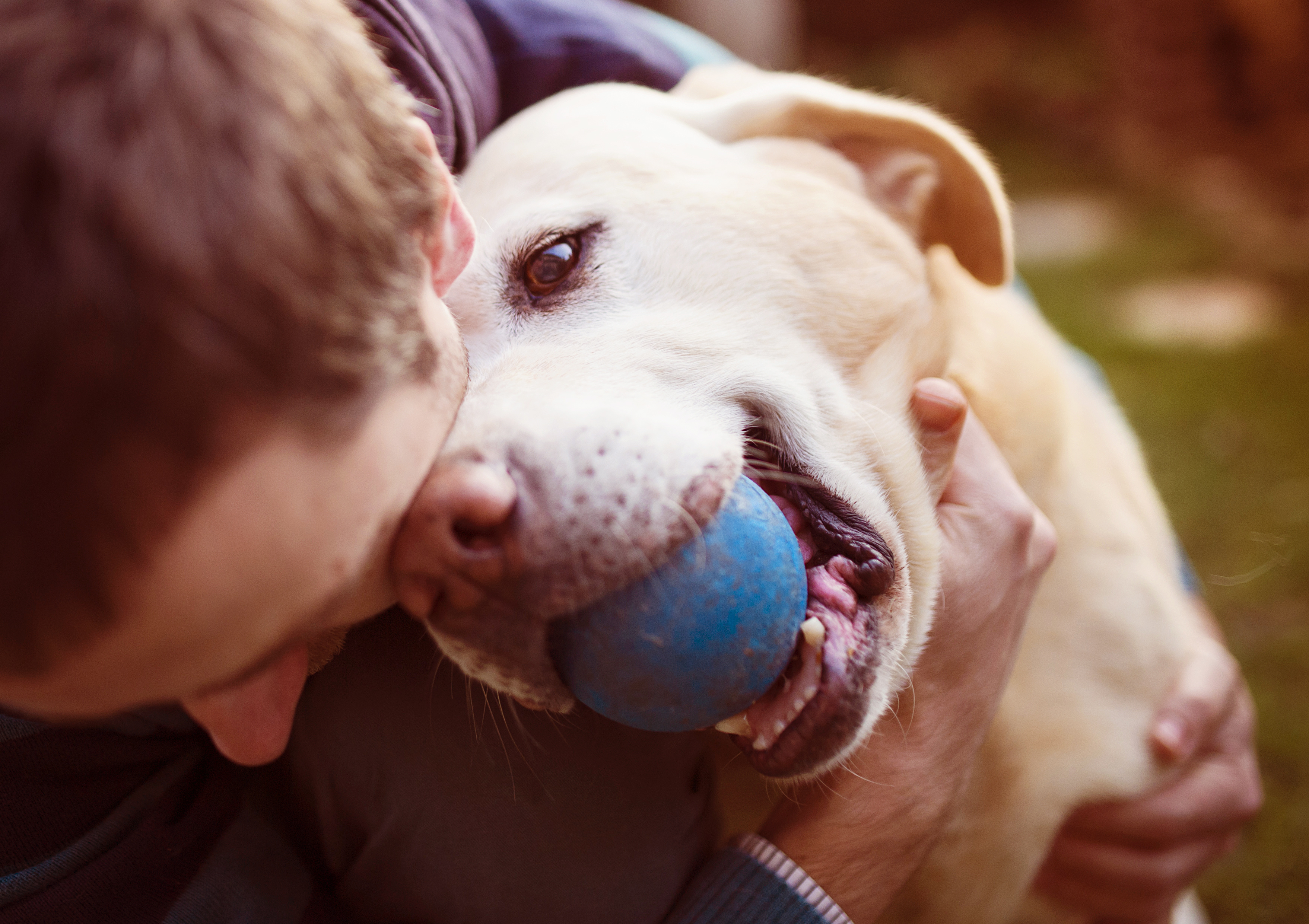 man hugging dog with ball