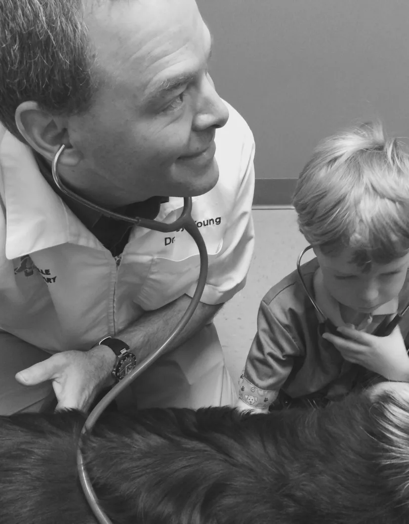 Dr. Troy Young and child using stethoscopes on a dog