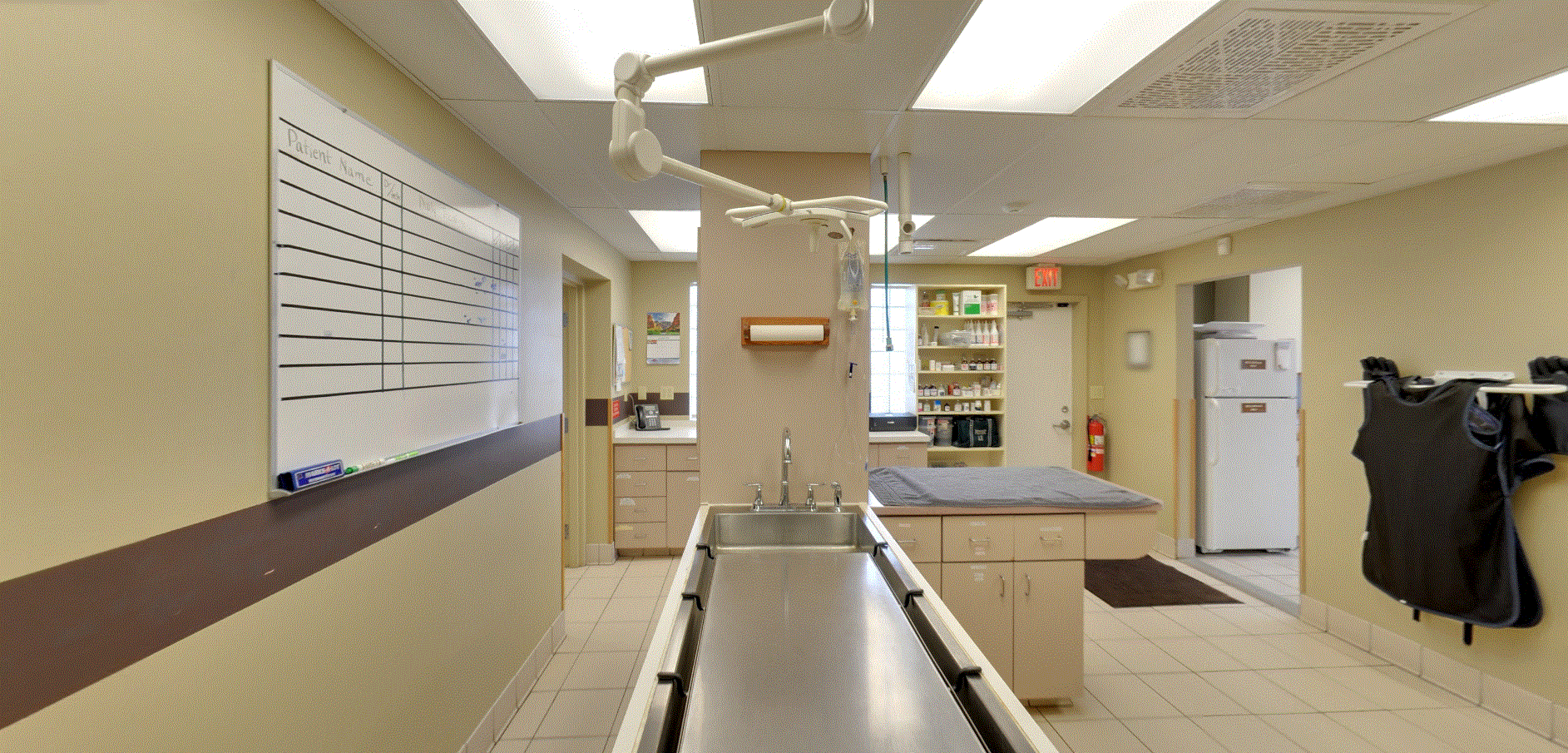 Peotone Animal Hospital  X-ray Room 2 which consists of a huge sink table, checkup counter with a towel on top, protective xray vest, a white board to put which patient is which