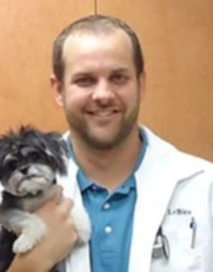 Dr. Matt T. LeBleu holding small black and white curly haired dog at Animal Care Center of Panama City Beach 