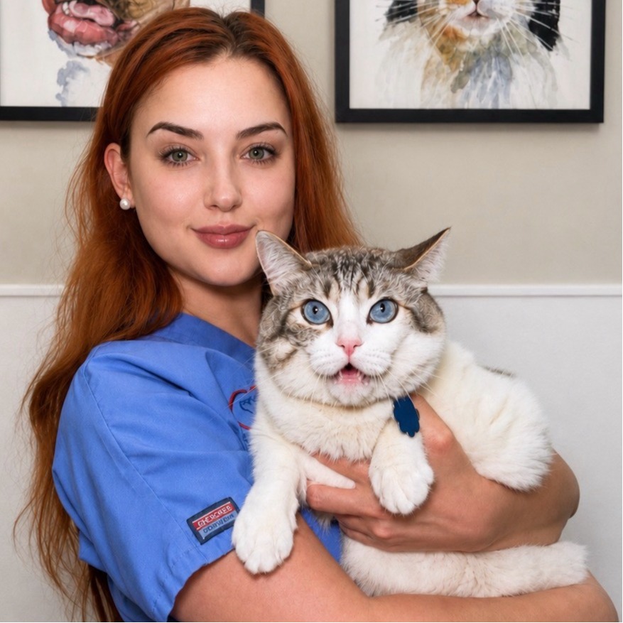 Marina's staff photo from Spanish Trail Animal Hospital where she is outside sitting on a lawn posing for a picture next to tan and white corgi dog.
