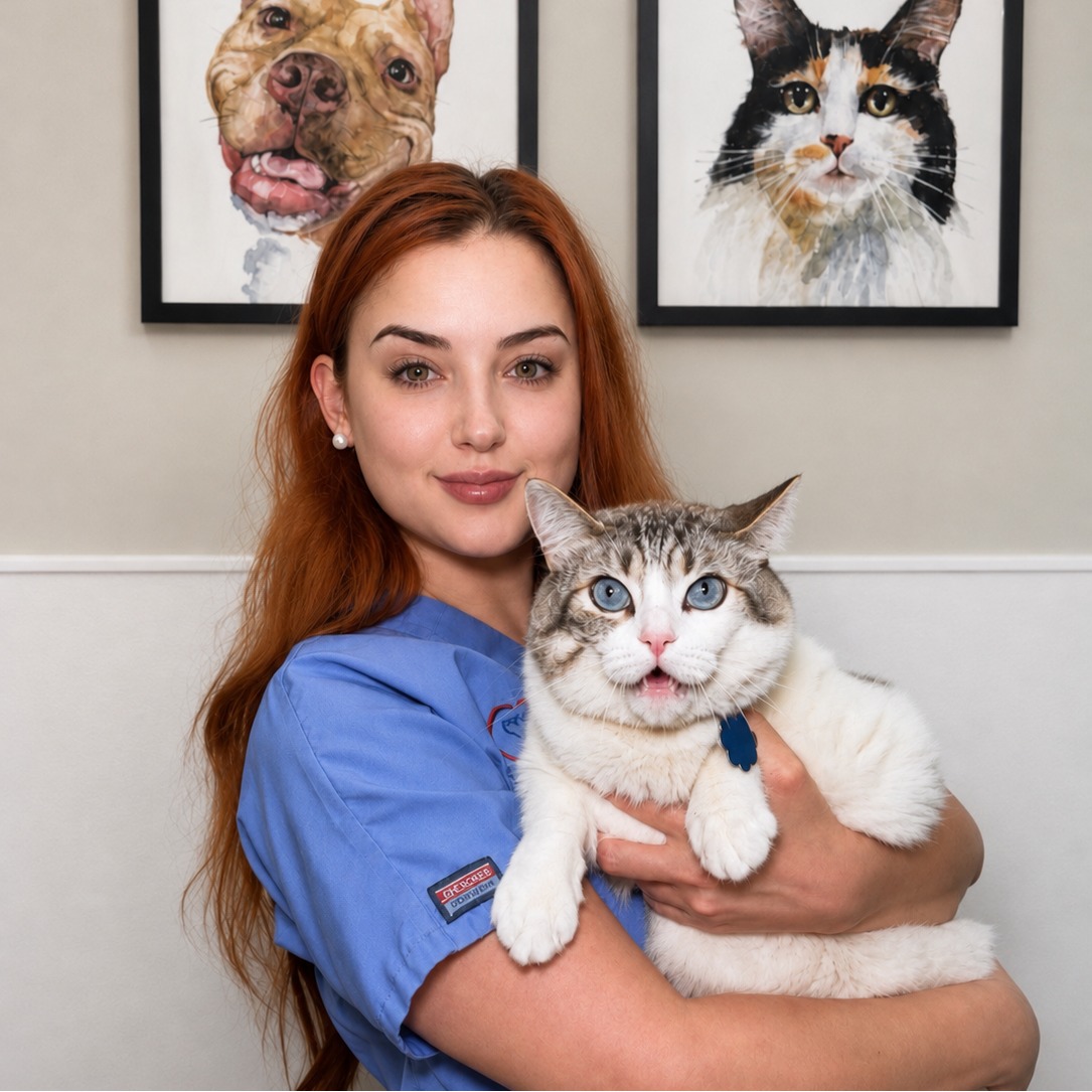 Marina's staff photo from Spanish Trail Animal Hospital where she is outside sitting on a lawn posing for a picture next to tan and white corgi dog.