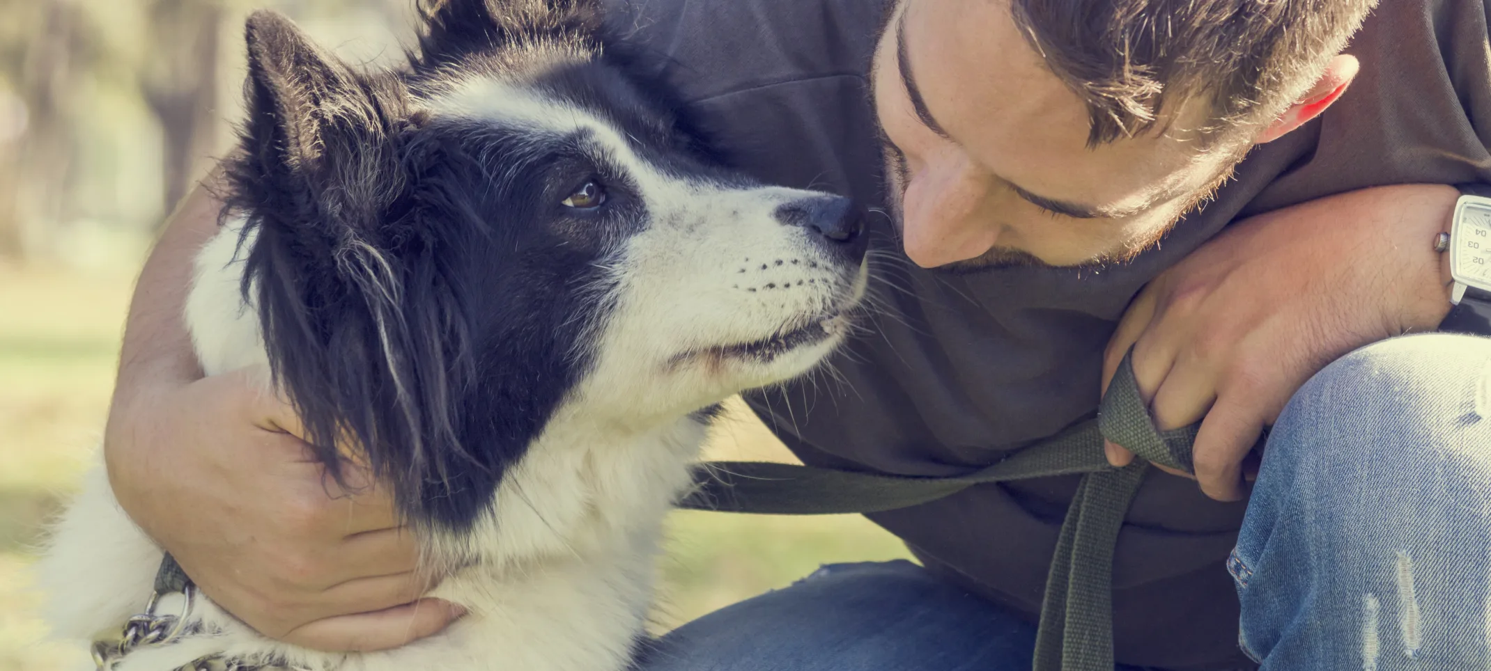 Dog with a man bending down giving him a kiss Dog with a man bending down giving him a kiss
