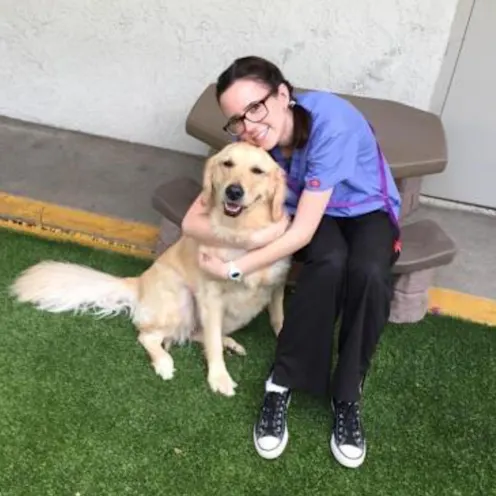 Staff member hugging dog Staff member hugging dog