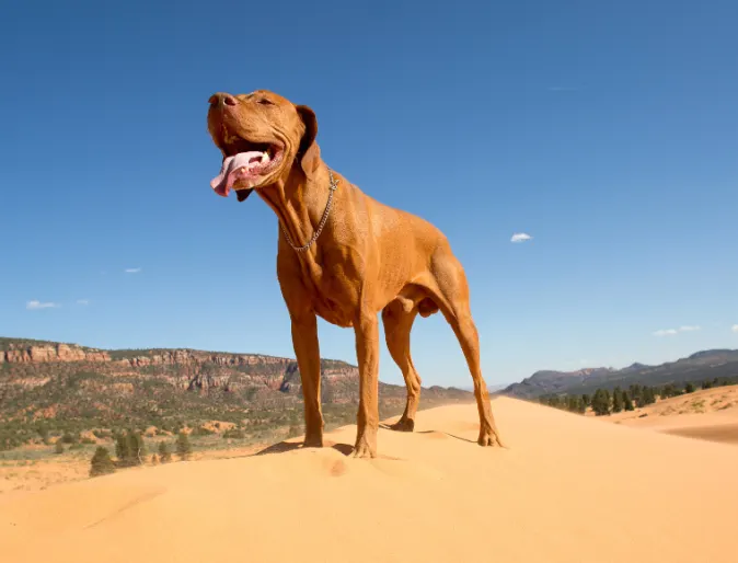 Brown Dog Standing on Sand Dune with Tongue Out