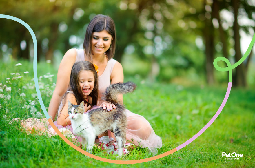 A woman and child sitting outside petting a cat in the grass.