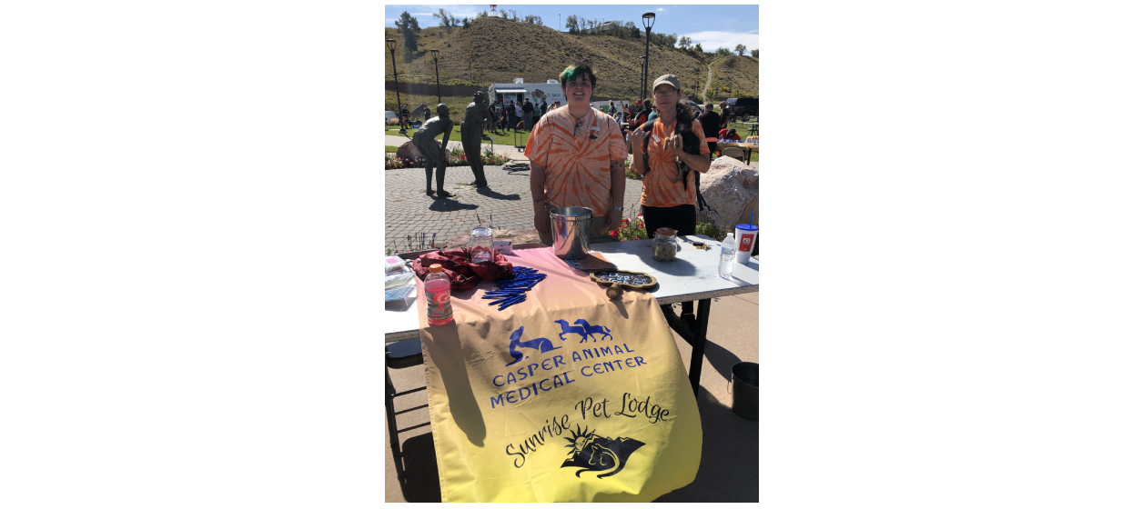 Two people behind table.