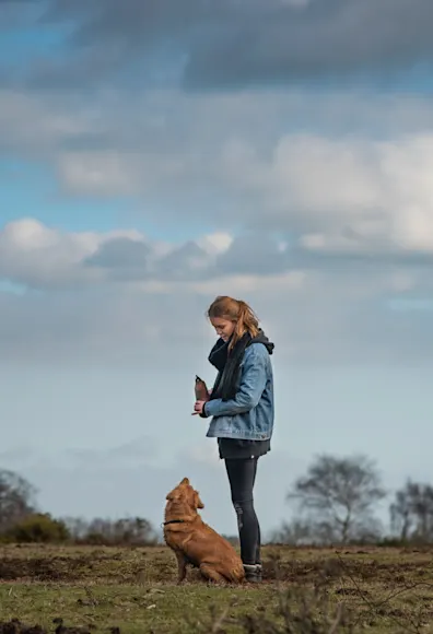 Dog sitting looking at woman in a field