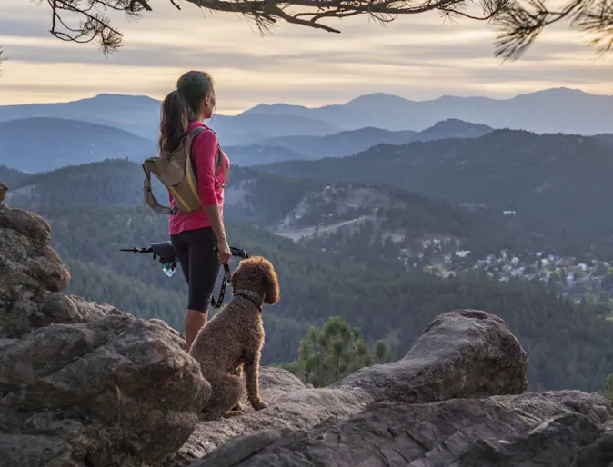 Woman and dog on a hike looking out at the view. Woman and dog on a hike looking out at the view.