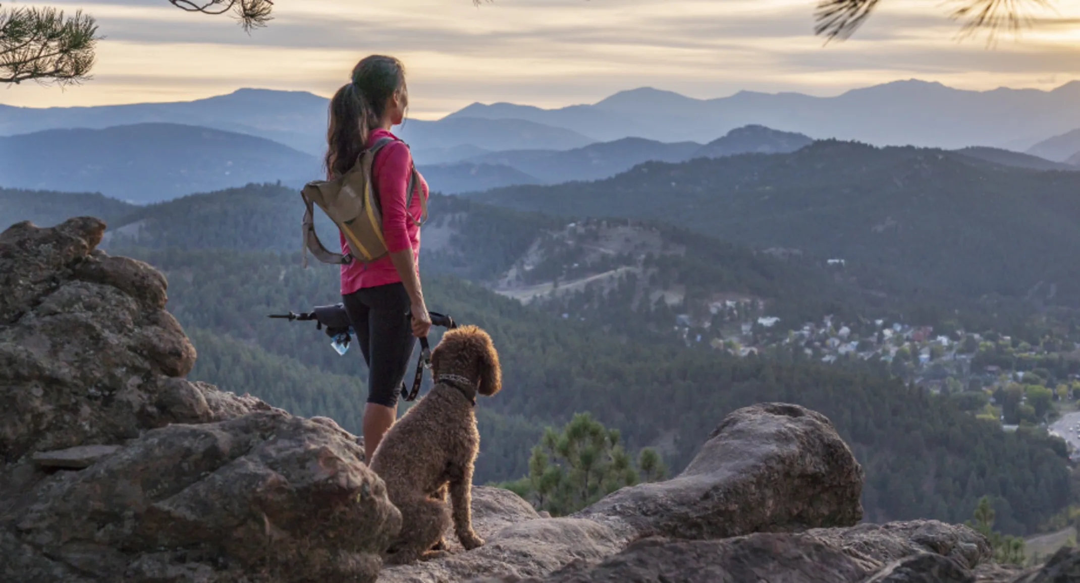 Woman and dog on a hike looking out at the view. Woman and dog on a hike looking out at the view.