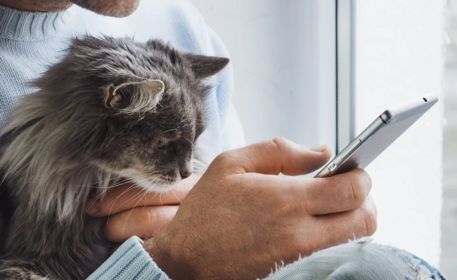 A man holding a phone and his cat