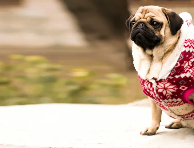 Pug (Dog) Wearing a Red-White Christmas Sweater Pug (Dog) Wearing a Red-White Christmas Sweater