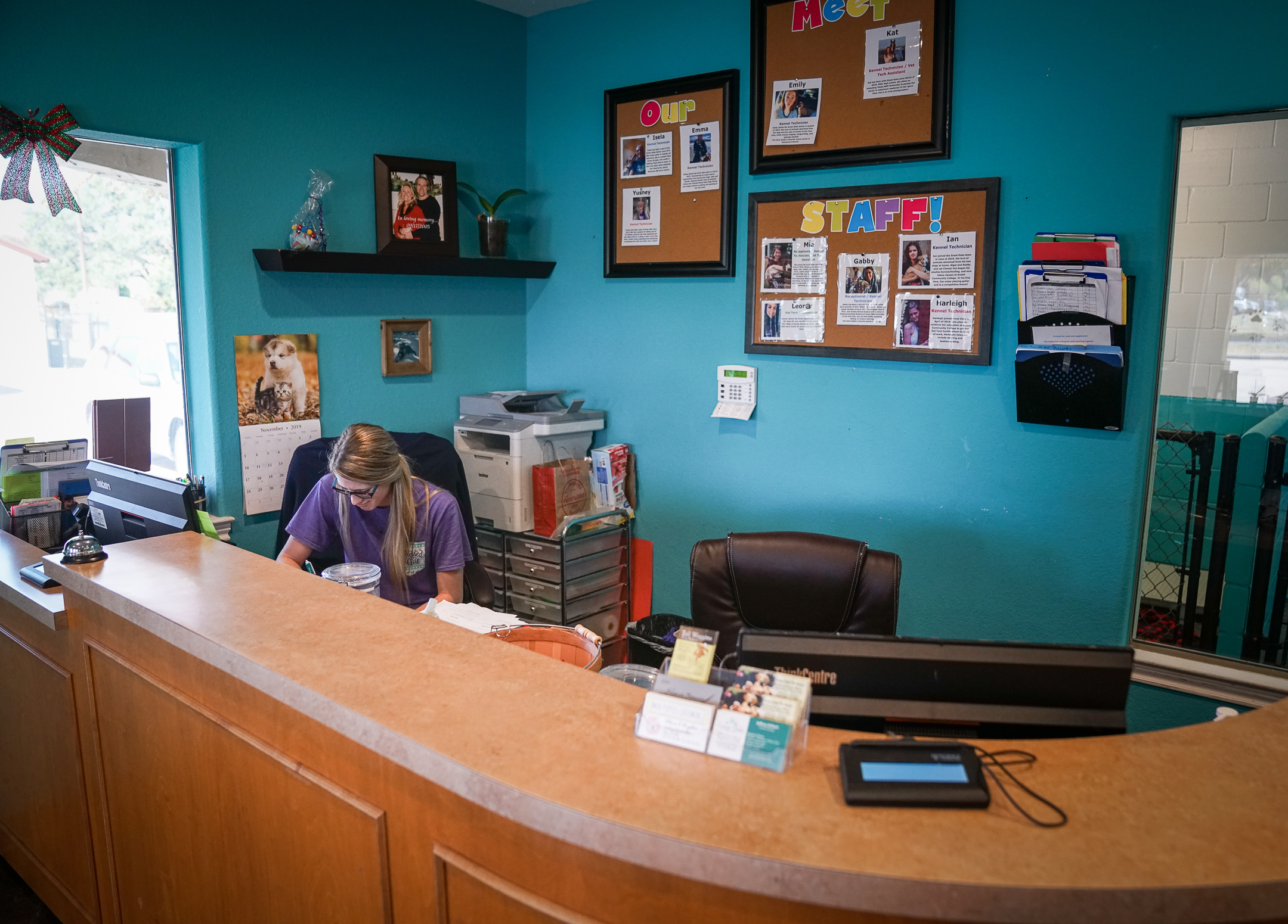 a staff member sits behind the reception desk at Great Oaks Animal Hospital