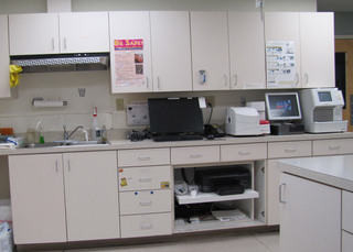 Poquoson Veterinary Hospital Lab Room.  The room is filled with two computers, lab equipment, sink and an island table.