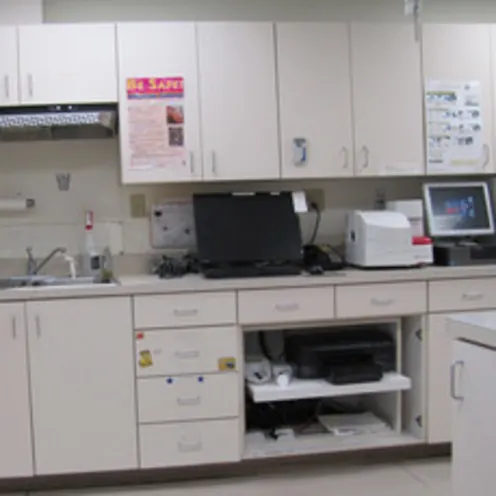 Poquoson Veterinary Hospital Lab Room.  The room is filled with two computers, lab equipment, sink and an island table. Poquoson Veterinary Hospital Lab Room.  The room is filled with two computers, lab equipment, sink and an island table.