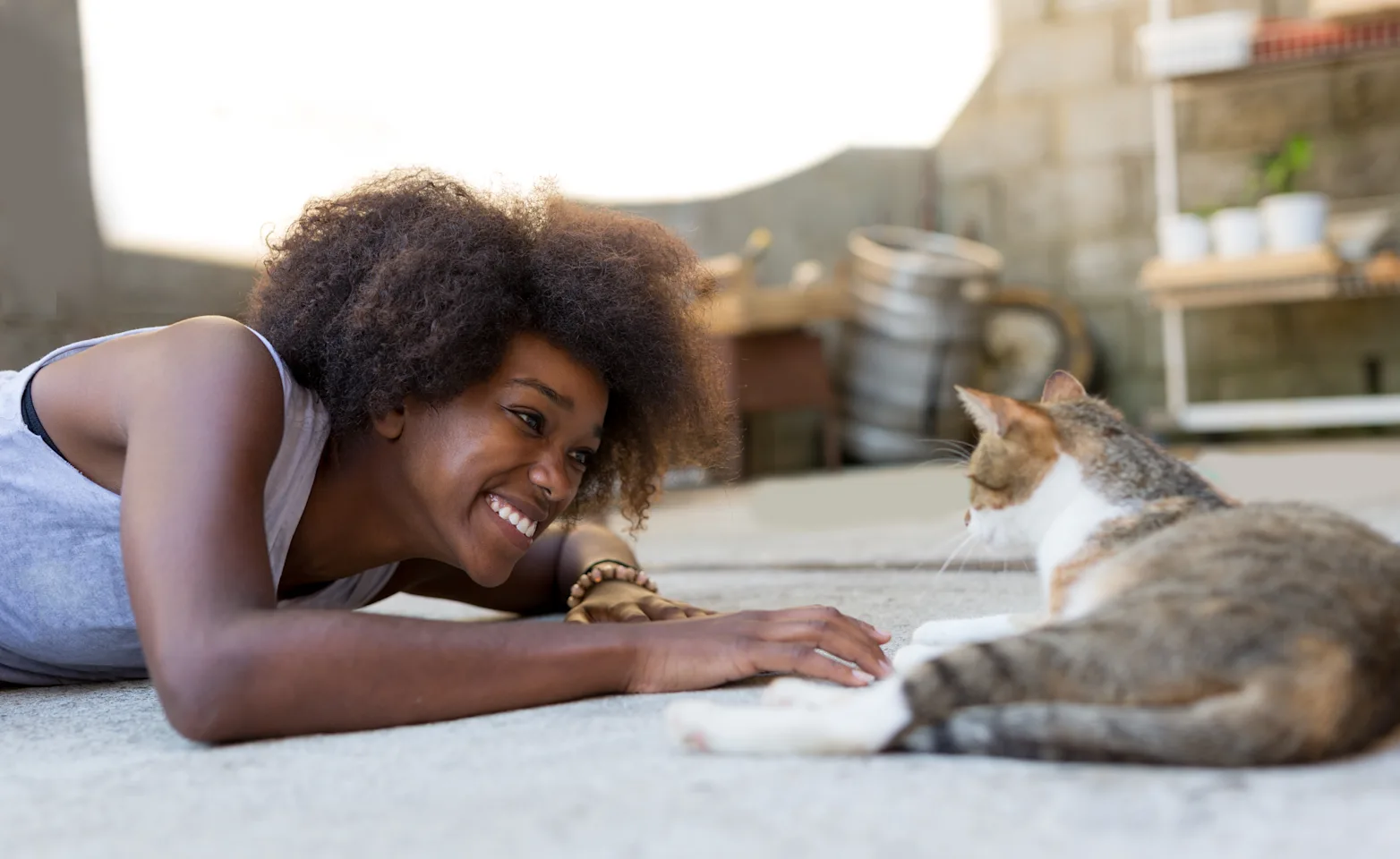 Woman playing with cat on carpet