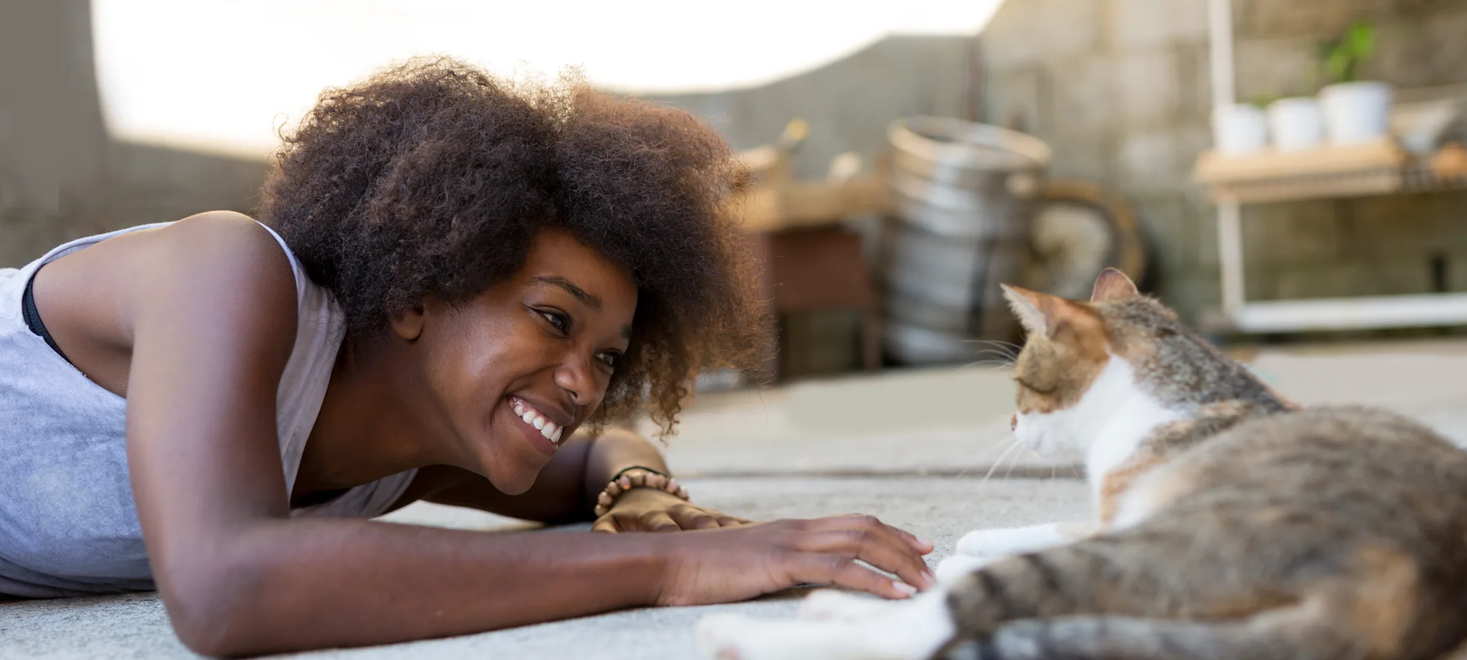 Woman playing with cat on carpet