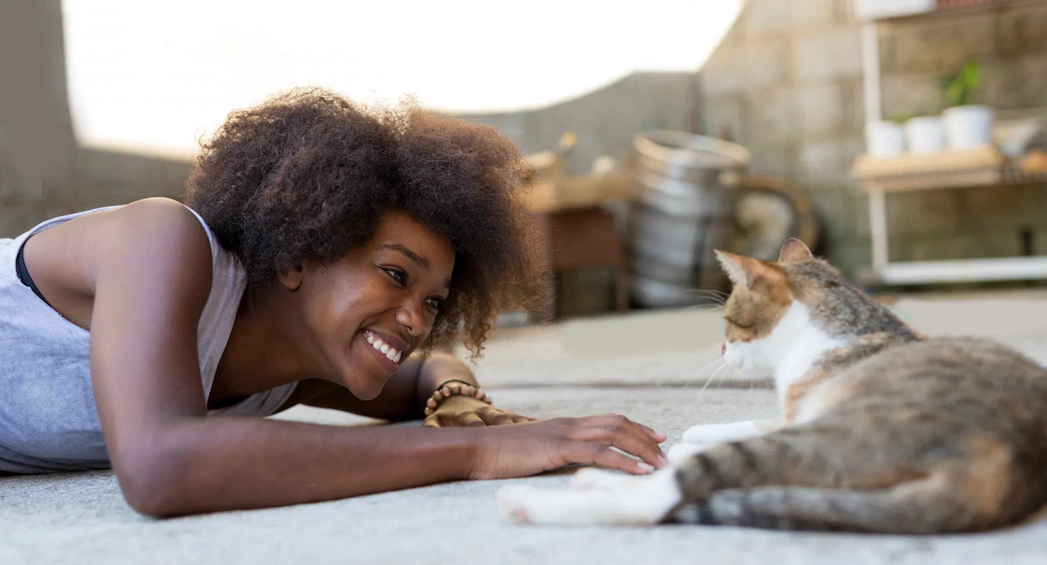 Woman playing with cat on carpet