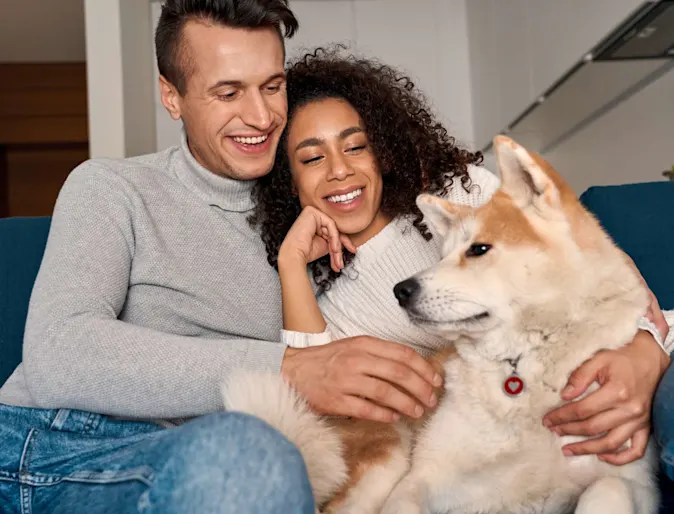 Couple on couch with dog at home Couple on couch with dog at home