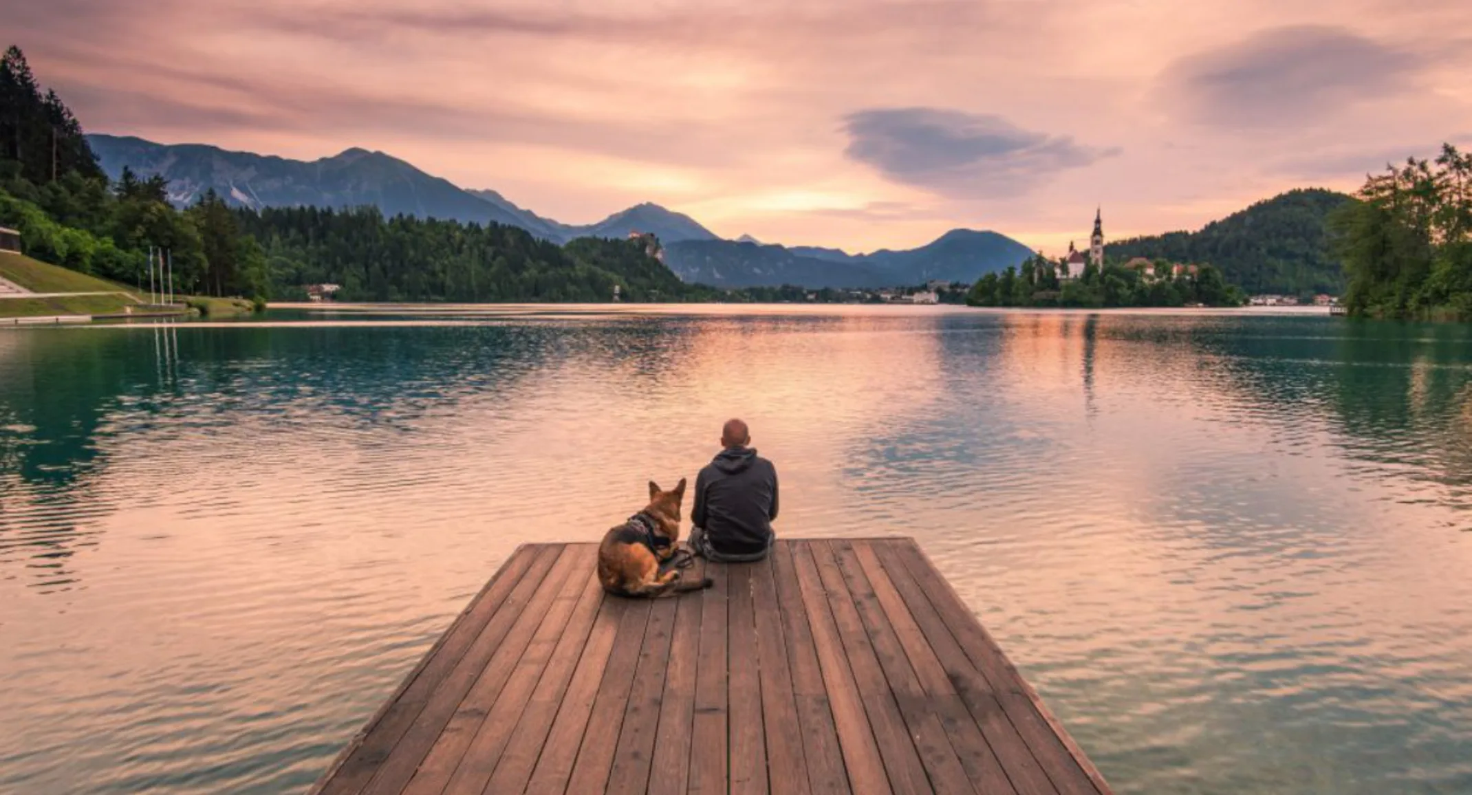 Owner Sitting with Dog at the Dock by the Lake Owner Sitting with Dog at the Dock by the Lake