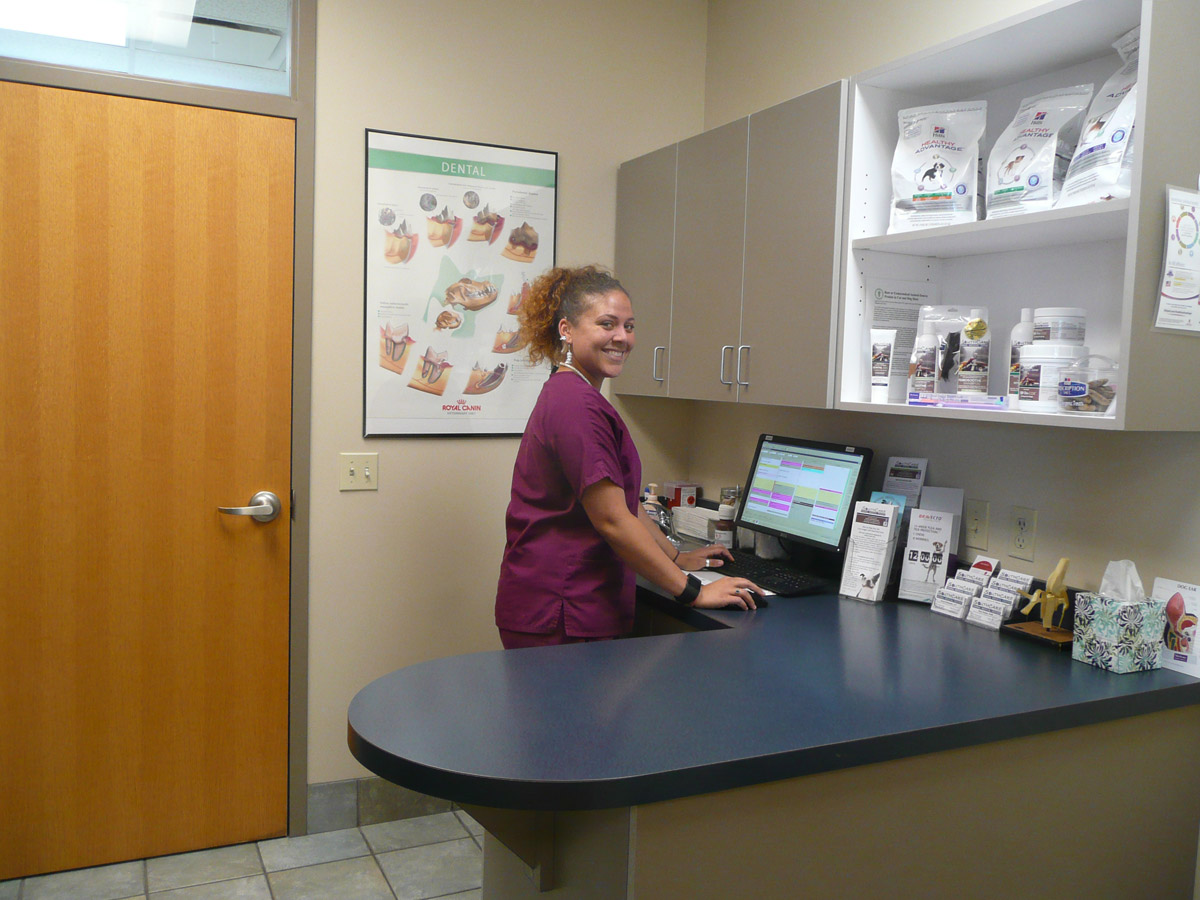 a staff member stands in front of the computer in an exam room