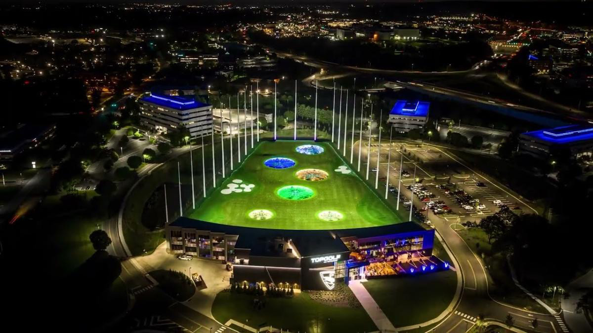 Ariel view of Top Golf's driving range.