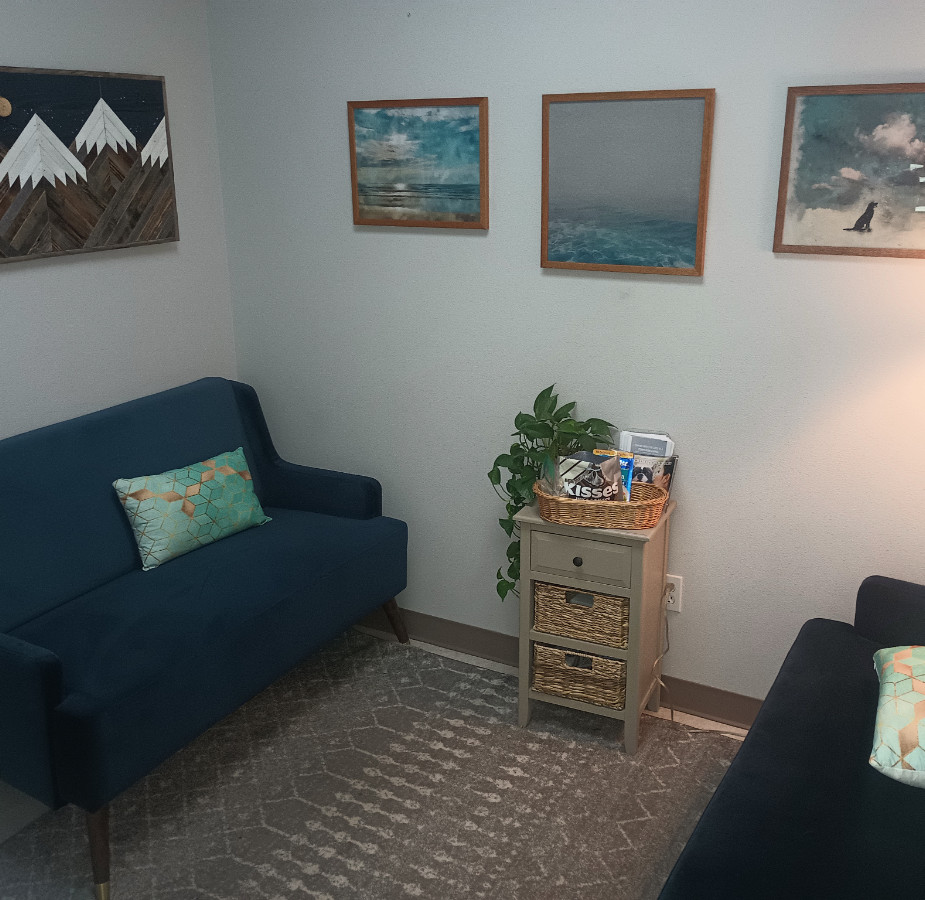 Updated waiting room with couches and pictures