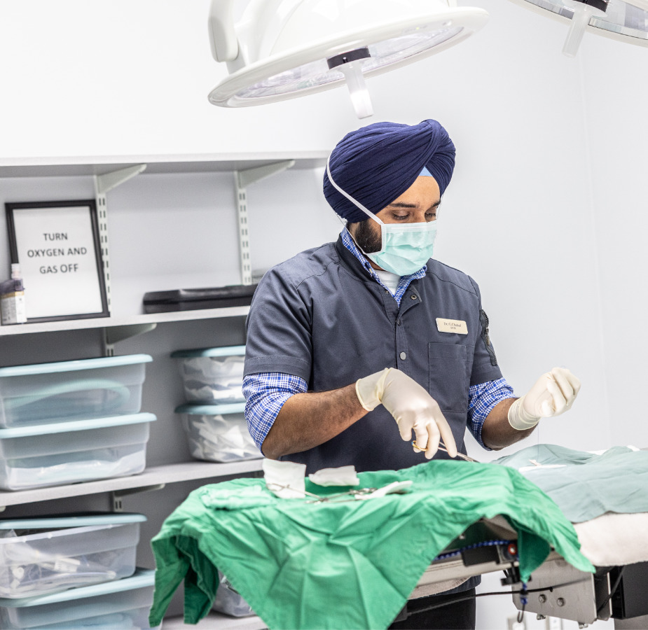 Doctor caring for pet on operating table