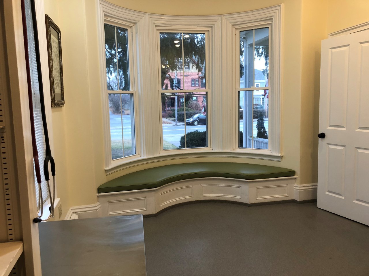 Bay style window and seating in lobby area of Court Street Animal Hospital