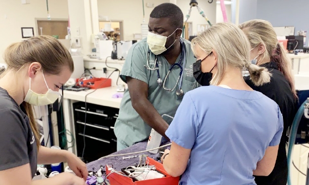 Four employees together prepping some tools