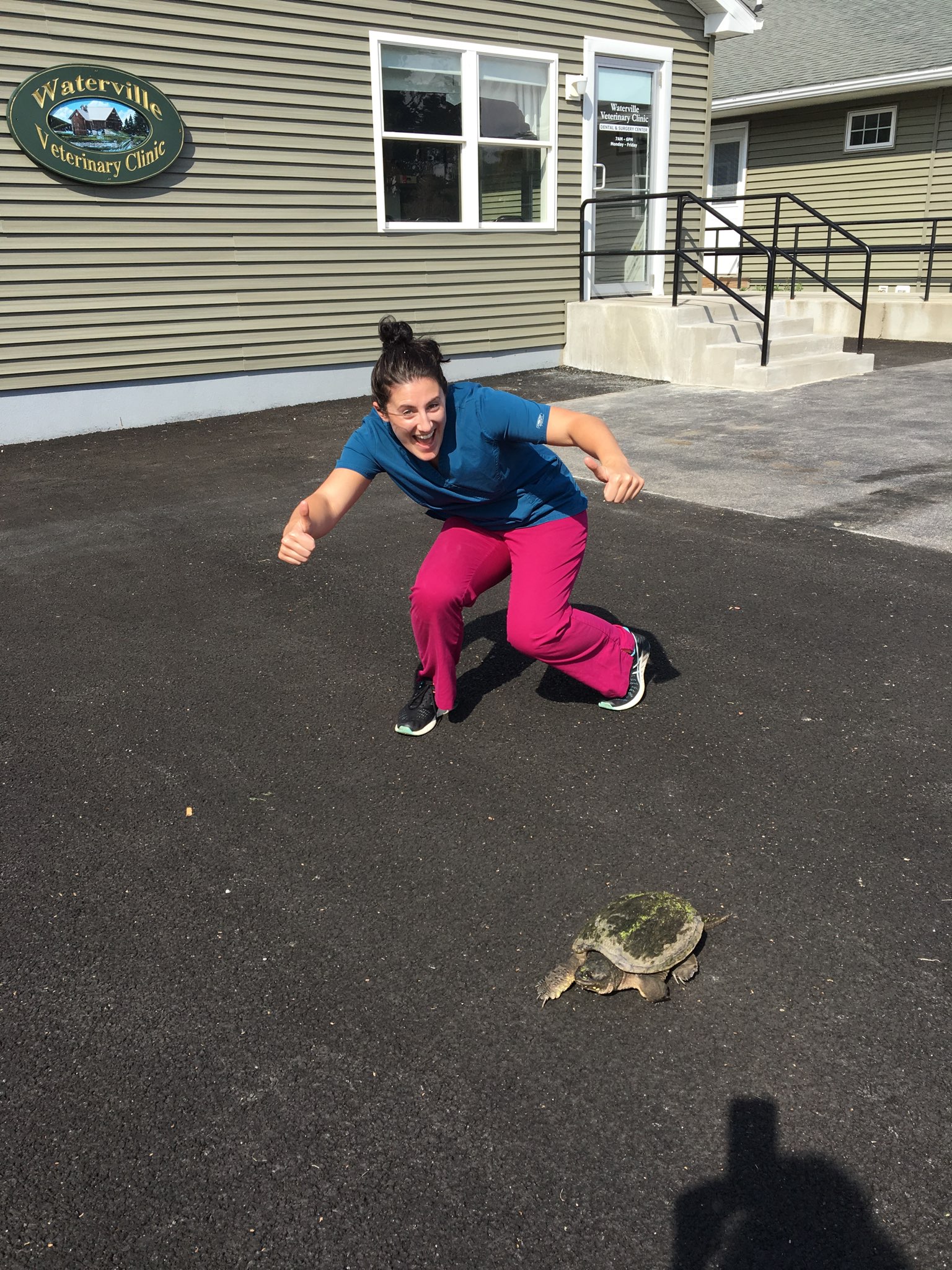 Veterinarian in the parking lot of Waterville Veterinary Clinic with a turtle