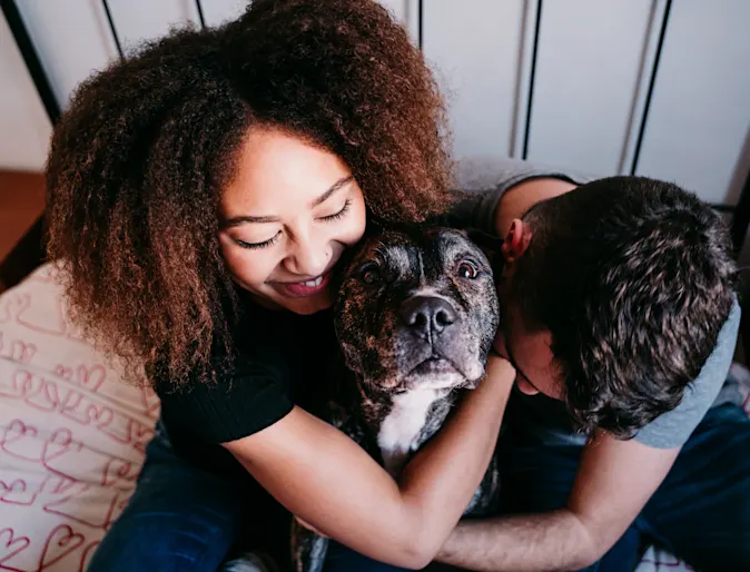Couple hugging their dog on the bed Couple hugging their dog on the bed