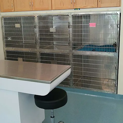 Kennels and shelves over them. Kennels and shelves over them.