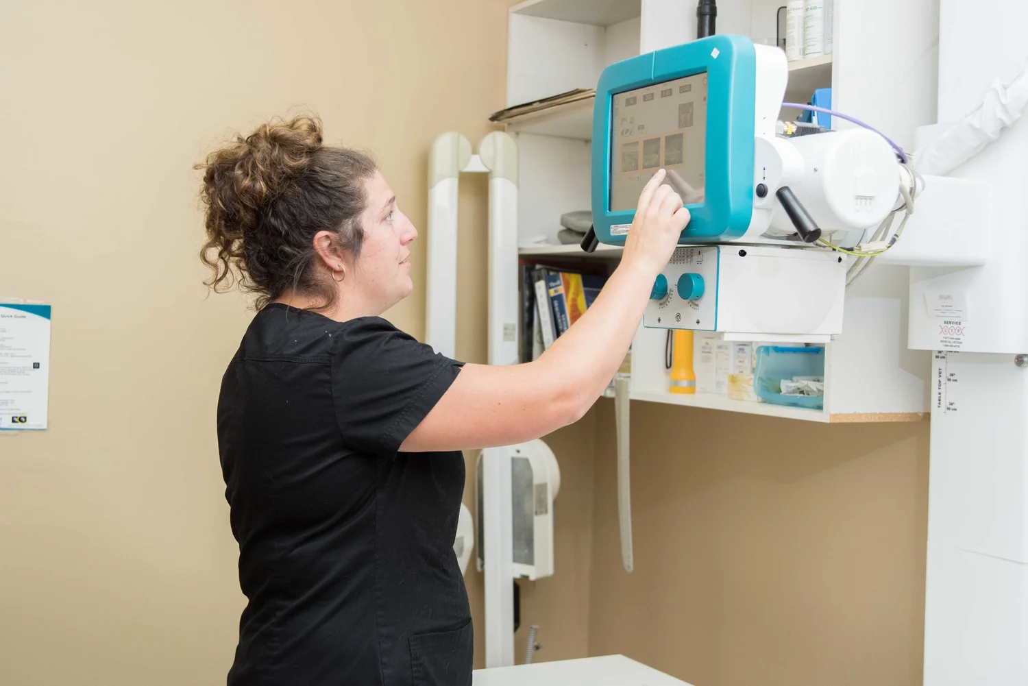 Veterinarian setting up examination equipment