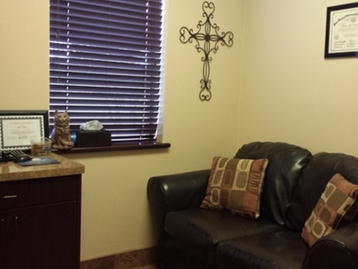 Animal Medical and Surgical Hospital of Frisco Office which showcases a dark leather seat with two throw pillows and mounted accredited certification/diploma on the wall.