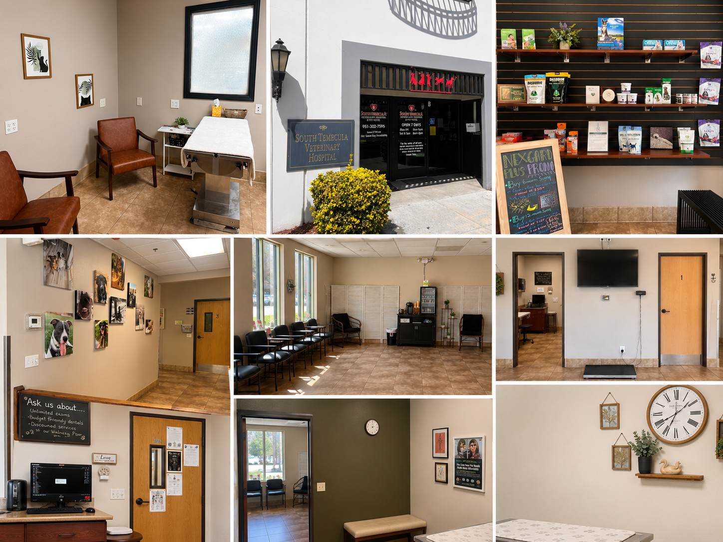 Collage of the different rooms in South Temecula Veterinary Hospital.