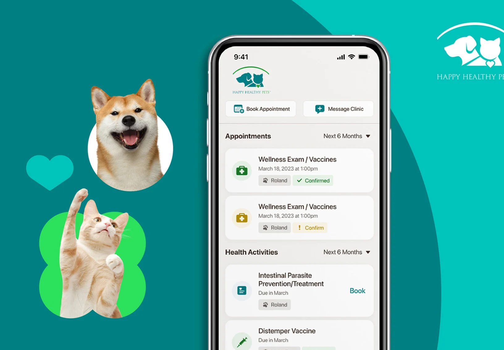 Happy dog and cat next to the Happy Healthy Pets app screenshot