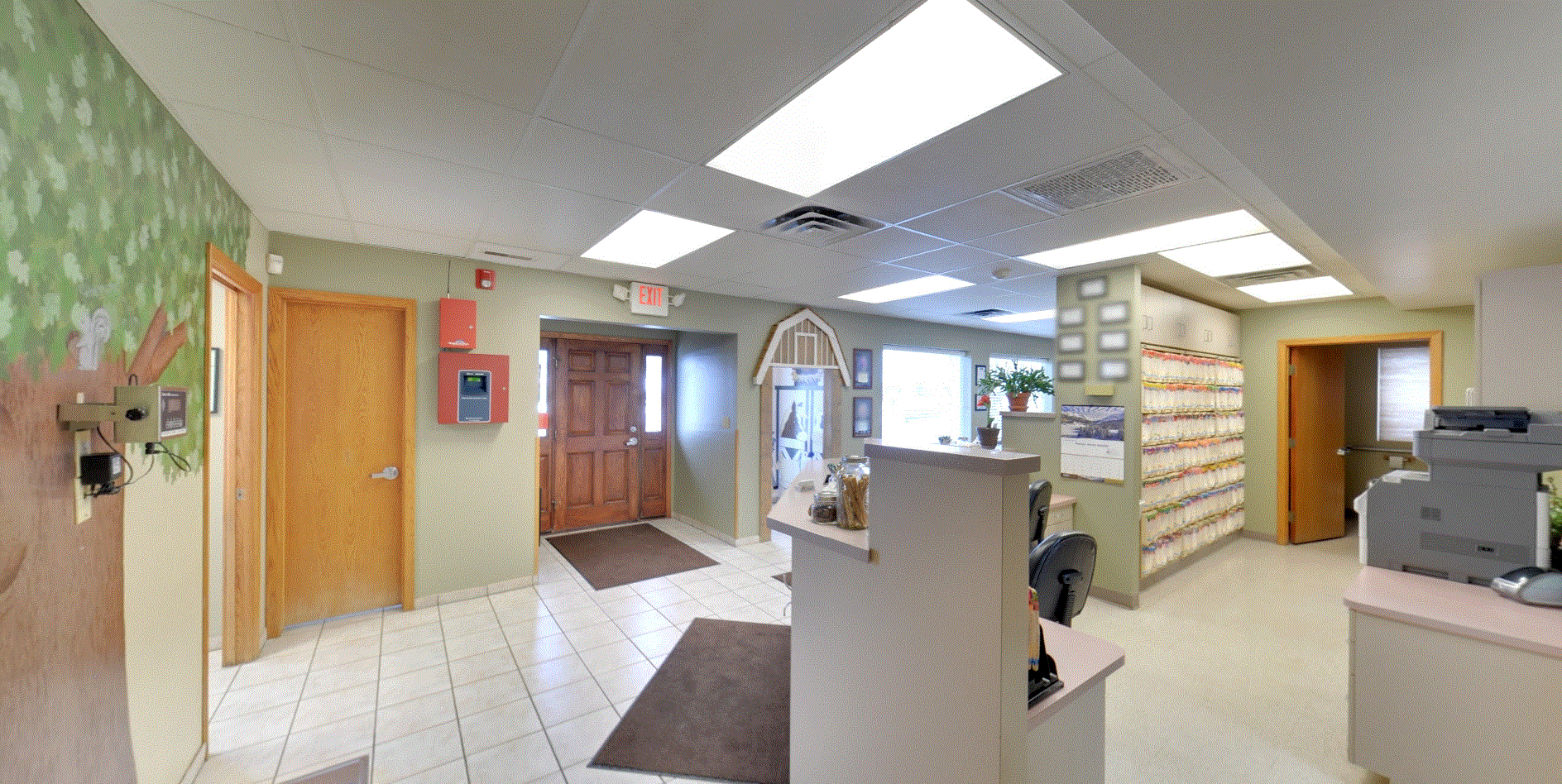 Peotone Animal Hospital's Lobby Area which consists of the reception area, several entry way, and pet supplies