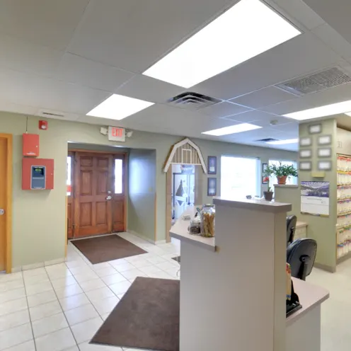 Peotone Animal Hospital's Lobby Area which consists of the reception area, several entry way, and pet supplies