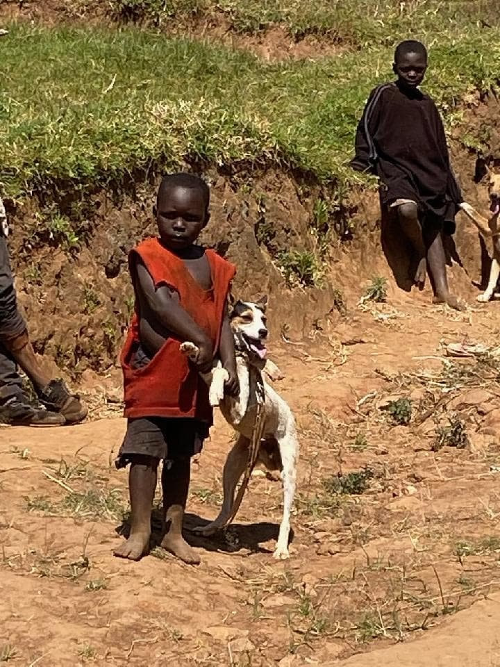 2 kids standing outside next to dogs
