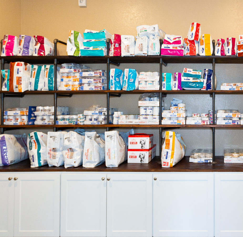 Wall of pet food for patients to order