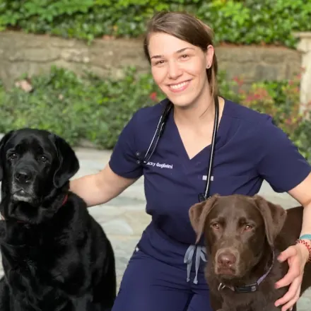 A photo of Dr. Nicky Guglielmi with a Chocolate Lab and Black Lab