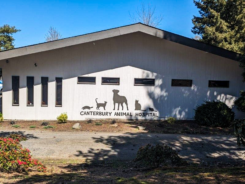 Side of building with sign at Canterbury Animal Hospital