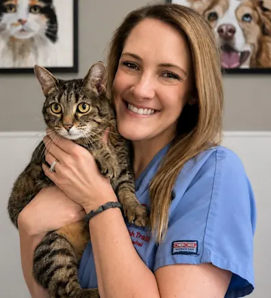 Lindsay C.'s staff photo from Spanish Trail Animal Hospital where she is outside in the front yard holding a fluffy brown dog in her arms. Lindsay C.'s staff photo from Spanish Trail Animal Hospital where she is outside in the front yard holding a fluffy brown dog in her arms.
