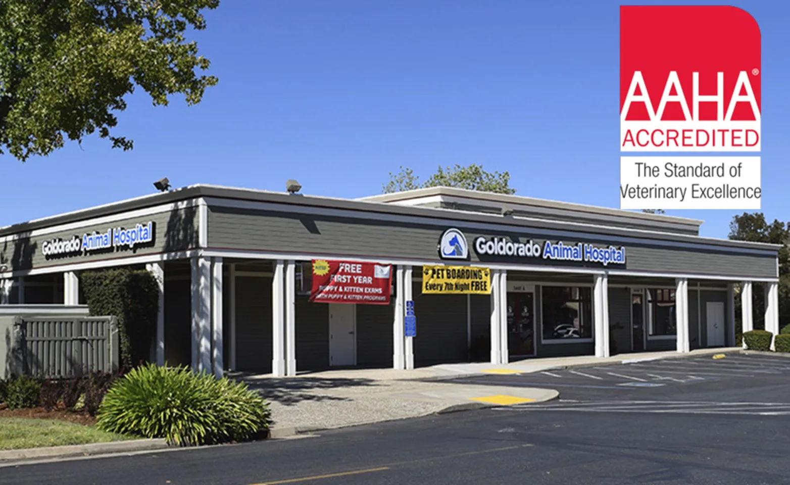 Goldorado Animal Hospital Facility with the AAHA red logo Goldorado Animal Hospital Facility with the AAHA red logo