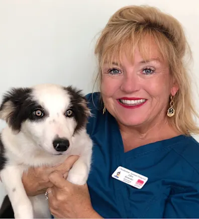 Ellen at Clocktower Animal Hospital, with dog Ellen at Clocktower Animal Hospital, with dog