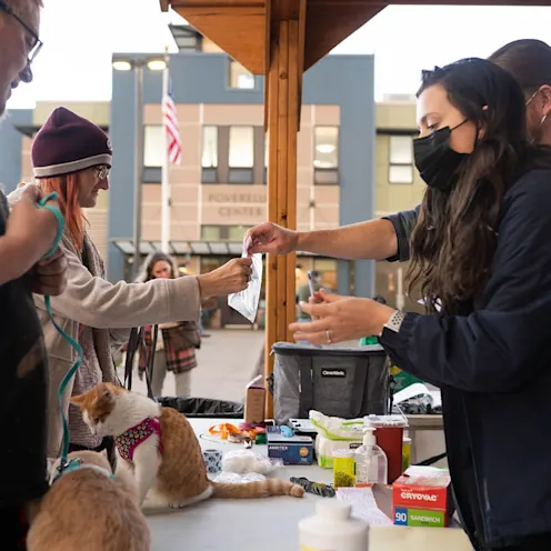 Staff serving customers and pets Staff serving customers and pets